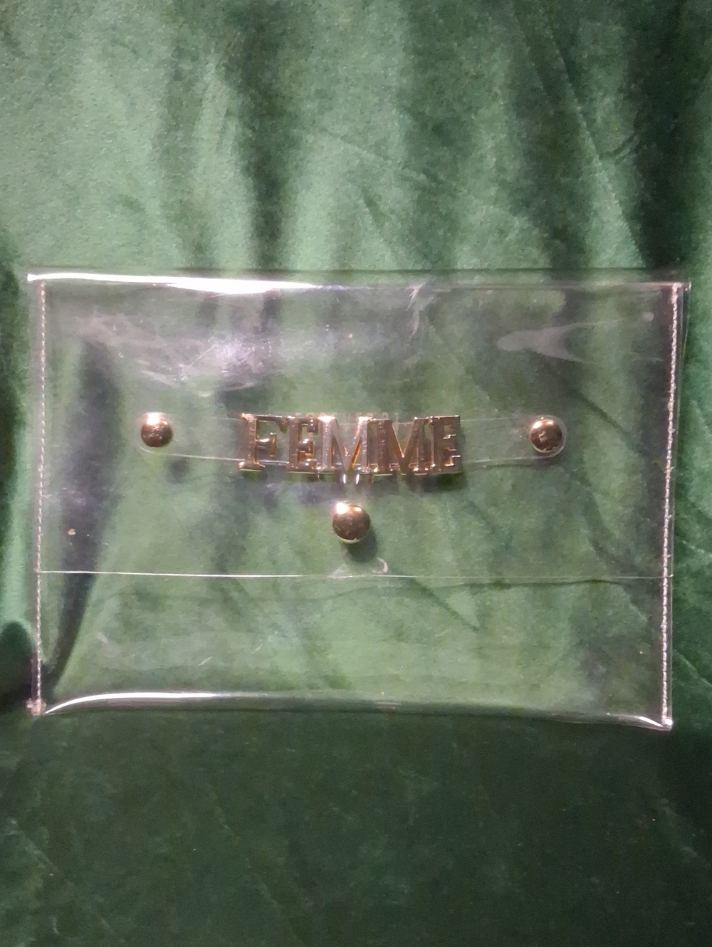 Forever 21 Clear PVC Envelope Clutch FEMME Gold Letters